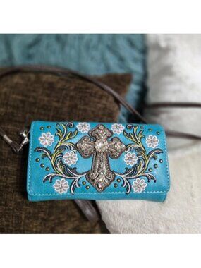 Turquoise Embroidered Cross Wallet Purse By Justin West. NWOT